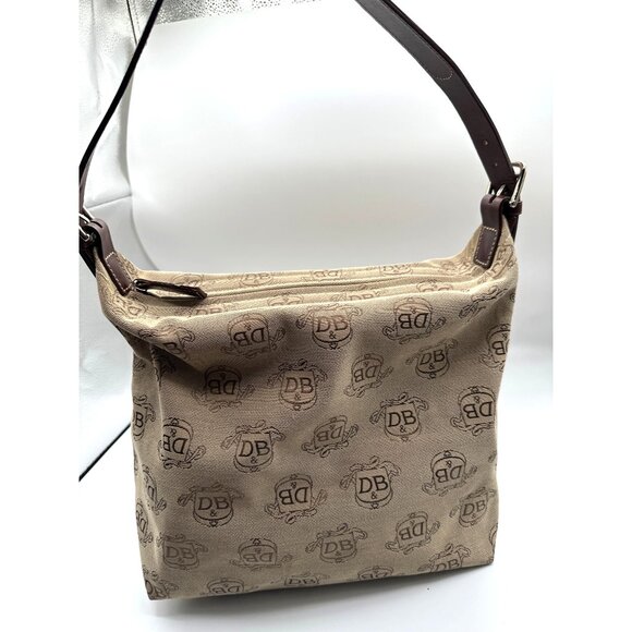 Dooney & Bourke Beige Signature Logo Canvas Shoulder Bag  Brown Leather Strap - Picture 4 of 10